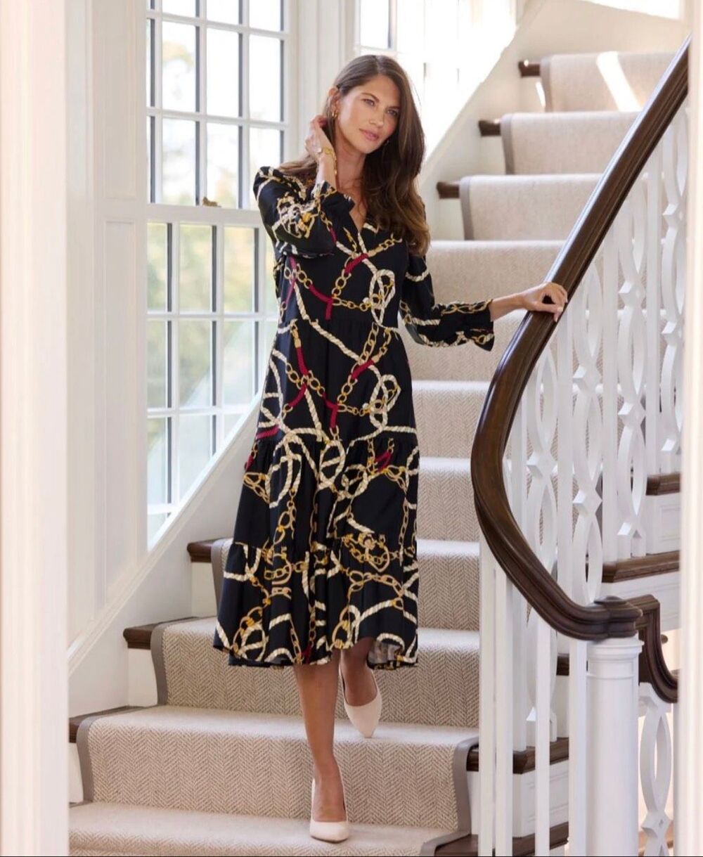 Jude Connally Maggie Black Gold Chain Print Tiered Midi Dress XS